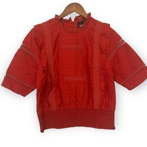 Women's Broadway Rust Burnt Orange High Neck Short Sleeve Blouse